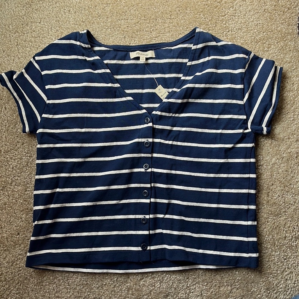 NWT Madewell Crop Striped V-Neck with Buttons